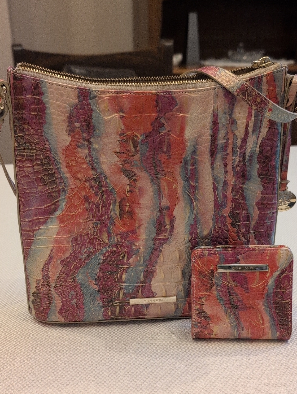 Brahmin Multicolor Marble-Print Leather Crossbody and Matching Wallet.
